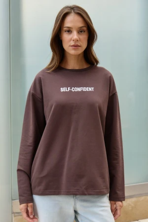 Лонгслив женский "Self Confident" футер 2-х нитка (р-ры: 42-56) шоколадный