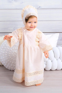 Крестильный набор 2 предмета (платье+чепчик) для новорожденных 06003 поплин (р-ры: 62-86) кремовый