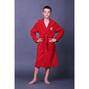 Халат детский махровый с капюшоном и вышивкой "Стиляги" для мальчика (р-ры: 32-42) красный