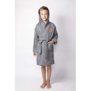 Халат детский махровый с капюшоном и вышивкой "Стиляги" для мальчика (р-ры: 32-42) серый