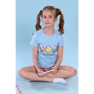 Пижама детская "Единороги" кулирка с лайкрой (р-ры: 116-140) голубой+бежевый