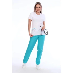 Костюм медицинский женский "Пяточки" трикотаж+тиси (р-ры: 40-62) белый Костюм медицинский женский "Пяточки" трикотаж+тиси (р-ры: 40-62) белый