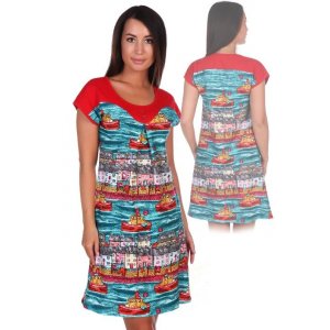 Платье №1032 кулирка набивная х/б (р-ры: 44-52) красный с бирюзовым