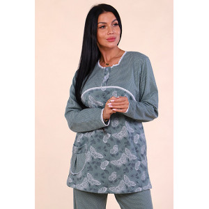 Пижама женская М42 футер (последний размер) бабочки на зеленом с темными рукавами 50