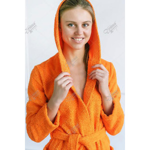 Халат женский махровый с капюшоном короткий (р-ры: 42-50) оранжевый