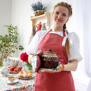 Фартук кухонный "Радушная хозяйка" с карманом и регулируемой бретелью рогожка "Ромбы" бордо