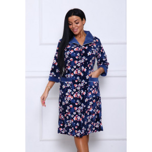 Халат женский 177 велюр (последний размер) темно-синий-белый-цветы 52-54