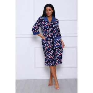 Халат женский 177 велюр (последний размер) темно-синий-белый-цветы 52-54