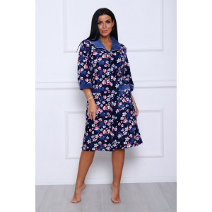 Халат женский 177 велюр (последний размер) темно-синий-белый-цветы 52-54