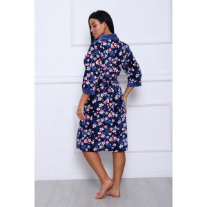 Халат женский 177 велюр (последний размер) темно-синий-белый-цветы 52-54