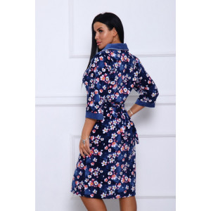 Халат женский 177 велюр (последний размер) темно-синий-белый-цветы 52-54