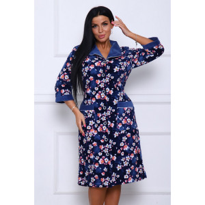 Халат женский 177 велюр (последний размер) темно-синий-белый-цветы 52-54