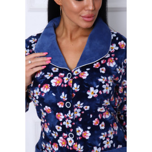 Халат женский 177 велюр (последний размер) темно-синий-белый-цветы 52-54