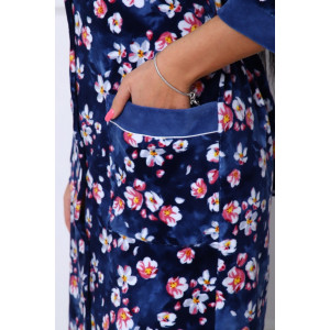 Халат женский 177 велюр (последний размер) темно-синий-белый-цветы 52-54