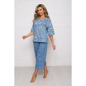 Костюм двойка женский "Джина ВР" кулирка (последний размер) голубой принт верхний 56,64