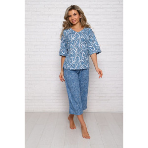 Костюм двойка женский "Джина ВР" кулирка (последний размер) голубой принт верхний 56,64