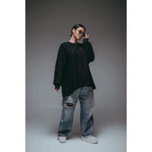 Свитшот женский "Ребека" махра жаккард (р-ры: 44-66) махра черный сердечки Свитшот женский "Ребека" махра жаккард (р-ры: 44-66) махра черный сердечки