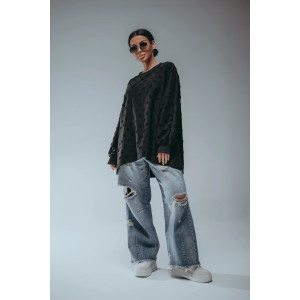 Свитшот женский "Ребека" махра жаккард (р-ры: 44-66) махра черный сердечки Свитшот женский "Ребека" махра жаккард (р-ры: 44-66) махра черный сердечки