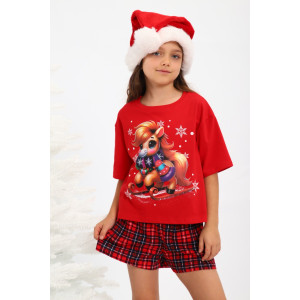 Пижама детская МЛШ "Лошадка-2" кулирка (р-ры: 128-164) красный Пижама детская МЛШ "Лошадка-2" кулирка (р-ры: 128-164) красный