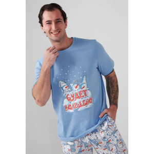 Пижама мужская "Снеговик" 2413-К кулирка (р-ры: 48-58) голубой