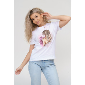 Футболка женская 1586/3 кулирка (р-ры: 42-54) белый-розовый Футболка женская 1586/3 кулирка (р-ры: 42-54) белый-розовый