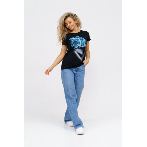 Футболка женская 1067/1 кулирка с лайкрой (р-ры: 44-54) черный-голубой Футболка женская 1067/1 кулирка с лайкрой (р-ры: 44-54) черный-голубой