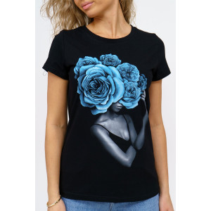 Футболка женская 1067/1 кулирка с лайкрой (р-ры: 44-54) черный-голубой Футболка женская 1067/1 кулирка с лайкрой (р-ры: 44-54) черный-голубой