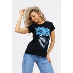 Футболка женская 1067/1 кулирка с лайкрой (р-ры: 44-54) черный-голубой Футболка женская 1067/1 кулирка с лайкрой (р-ры: 44-54) черный-голубой