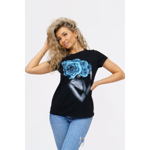 Футболка женская 1067/1 кулирка с лайкрой (р-ры: 44-54) черный-голубой Футболка женская 1067/1 кулирка с лайкрой (р-ры: 44-54) черный-голубой