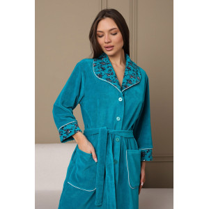 Халат женский 178 велюр (р-ры: 48-62) бирюзовый-белый-цветы Халат женский 178 велюр (р-ры: 48-62) бирюзовый-белый-цветы