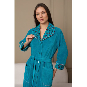 Халат женский 178 велюр (р-ры: 48-62) бирюзовый-белый-цветы Халат женский 178 велюр (р-ры: 48-62) бирюзовый-белый-цветы