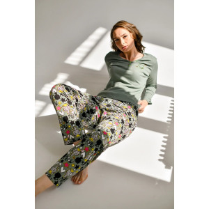 Пижама женская "Мяу" 2128-Р/К (брюки) кулирка+рибана (последний размер) зеленый 50