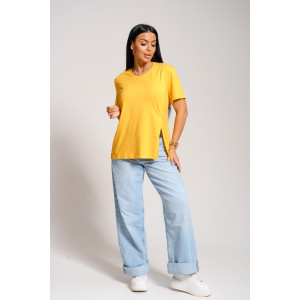 Футболка женская "Асимметрия" кулирка с лайкрой (последний размер) горчица 52
