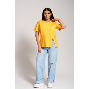 Футболка женская "Асимметрия" кулирка с лайкрой (последний размер) горчица 52