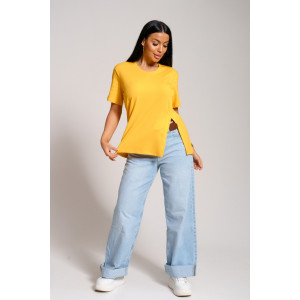Футболка женская "Асимметрия" кулирка с лайкрой (последний размер) горчица 52