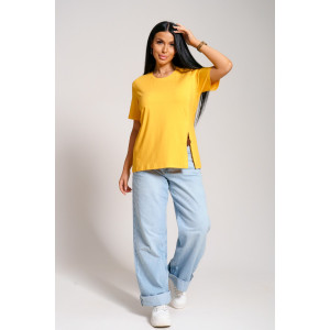 Футболка женская "Асимметрия" кулирка с лайкрой (последний размер) горчица 52