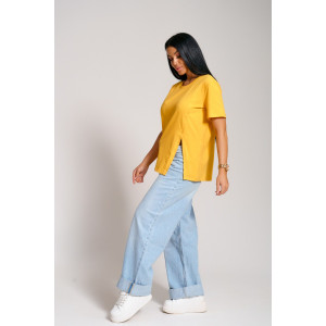 Футболка женская "Асимметрия" кулирка с лайкрой (последний размер) горчица 52