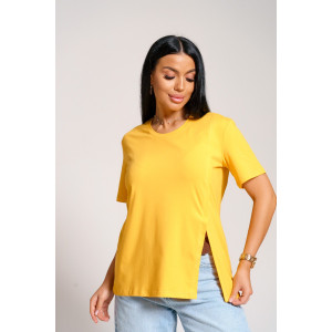 Футболка женская "Асимметрия" кулирка с лайкрой (последний размер) горчица 52