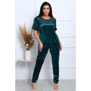 Костюм двойка женский "Маркиза" бархат+гипюр (последний размер) изумруд 46,48,52,54