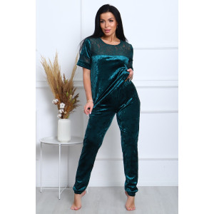 Костюм двойка женский "Маркиза" бархат+гипюр (последний размер) изумруд 46,48,52,54