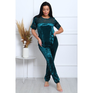Костюм двойка женский "Маркиза" бархат+гипюр (последний размер) изумруд 46,48,52,54