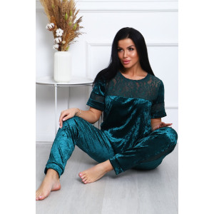 Костюм двойка женский "Маркиза" бархат+гипюр (последний размер) изумруд 46,48,52,54