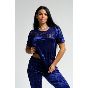 Костюм двойка женский "Маркиза" бархат+гипюр (последний размер) сапфир 48,50