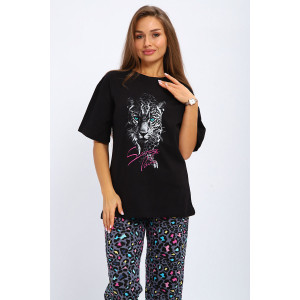 Костюм двойка женский №210 кулирка (р-ры: 42-56) черный Леопард