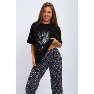 Костюм двойка женский №210 кулирка (р-ры: 42-56) черный Леопард