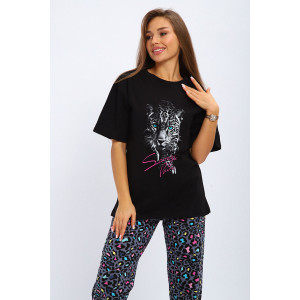 Костюм двойка женский №210 кулирка (р-ры: 42-56) черный Леопард