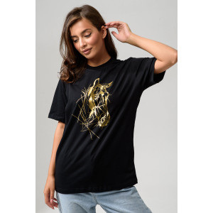 Футболка женская №8561 кулирка (последний размер) черный-Лошадь 46,54