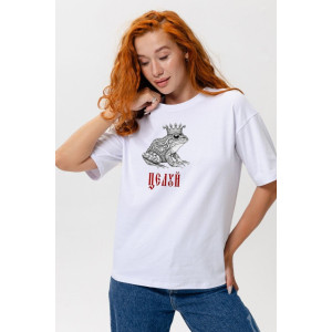 Футболка женская №8580 кулирка с лайкрой (р-ры: 42-54) белый лягушка