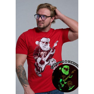 Футболка унисекс светящаяся №8581 кулирка (р-ры: 46-64) красный Дмороз с гитарой