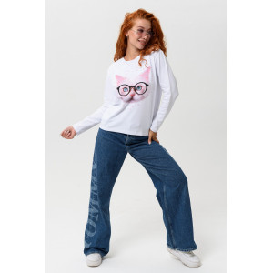 Лонгслив женский №8505 кулирка с лайкрой (последний размер) белый-кот в очках 50 Лонгслив женский №8505 кулирка с лайкрой (последний размер) белый-кот в очках 50